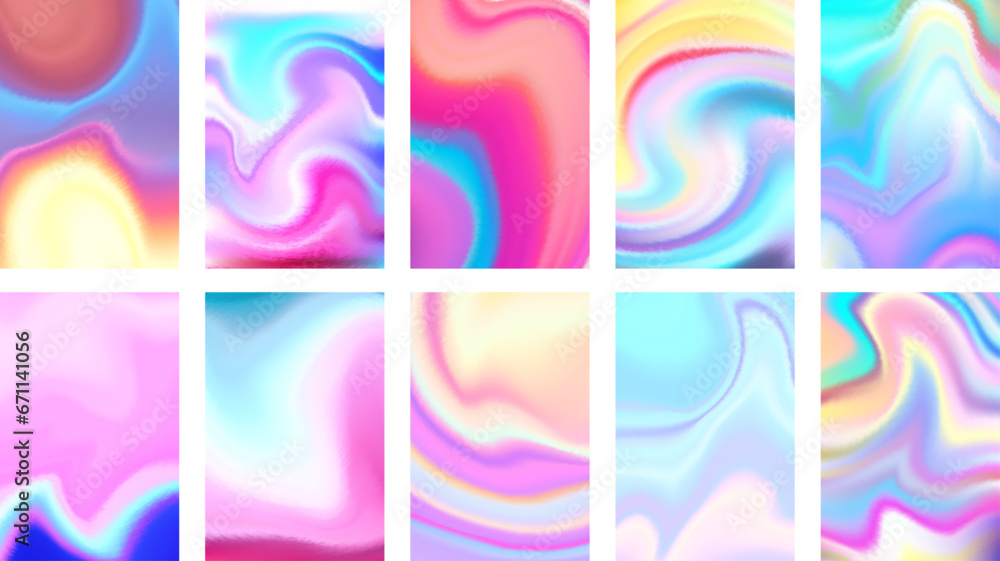 Wall mural set of colorful hologram banner. abstract holographic wavy gradient mesh color backgrounds.