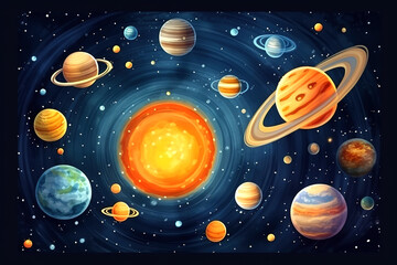 Cartoon solar system, galaxy illustration, space background with planets, children's book illustration - 671141014