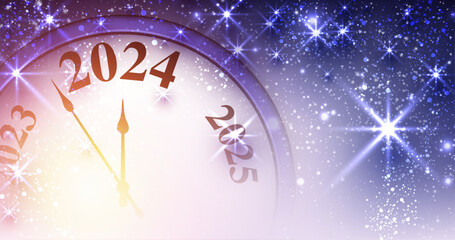 New Year 2024 countdown clock with purple stars and lights. - obrazy, fototapety, plakaty