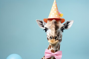 Creative animal concept. Giraffe in party cone hat necklace bowtie outfit isolated on solid pastel background advertisement, birthday party invite invitation