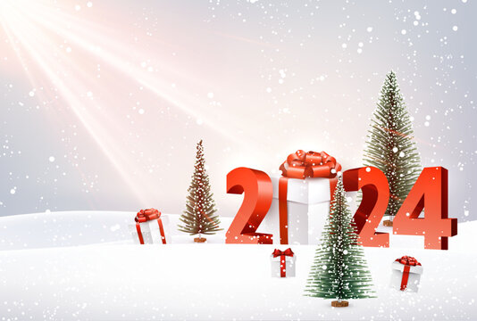 Happy new year background with 2024 red 3d lettering on snowdrifts and sun light. Gift box with shiny red bow and Christmas trees.