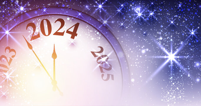 New Year 2024 countdown clock with purple stars and lights.