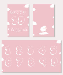 Cute children's birthday card with lamb and numbers from 0 to 9. Greeting cards. Happy birthday card. Vector illustration.