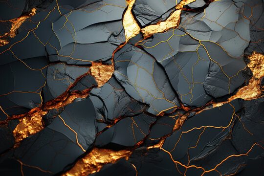 Halloween gold, black rock texture with gold veins and golden nuggets, Generative Ai