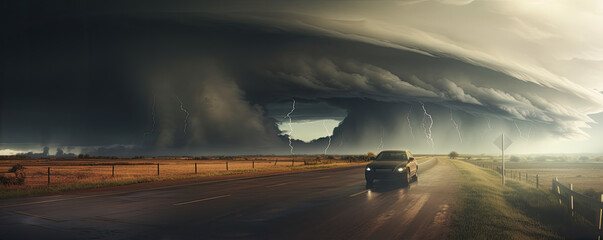 Start supercell storm at sunset light. tornado super strong wind the element.