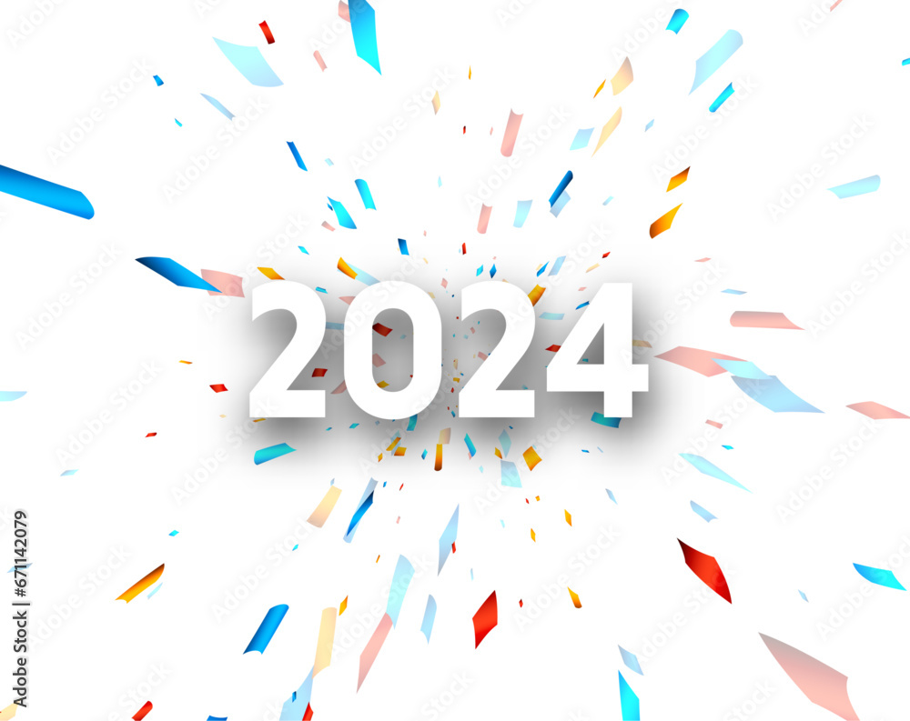 Poster new year 2024 paper numbers for calendar header on white background with explosion of multicolored f