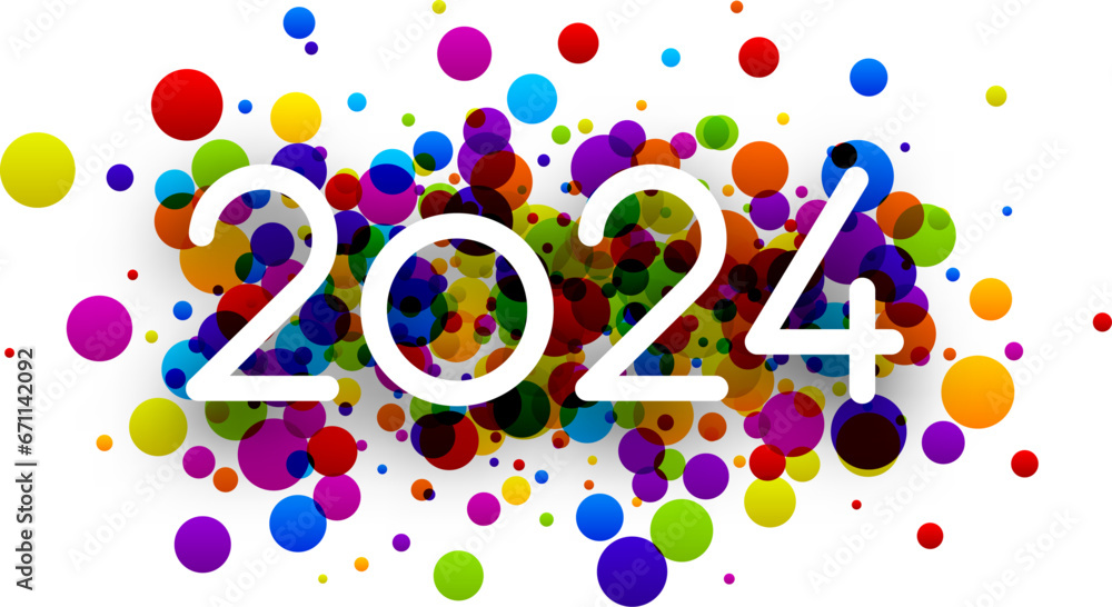 Poster new year 2024 paper numbers for calendar header on colorful background made of multicolored round do