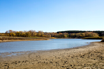 Iowa beach landscape with sand in the foreground, a lake in the middle, and fall trees in the background. 