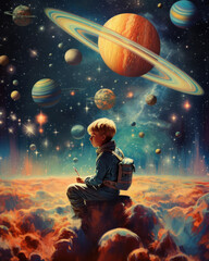 A boy in a space suit sits on a stone, starry sky with planets.