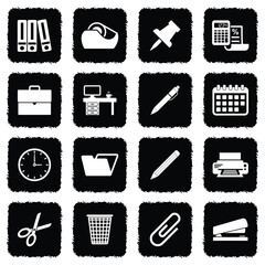 Office Material Icons. Grunge Black Flat Design. Vector Illustration.
