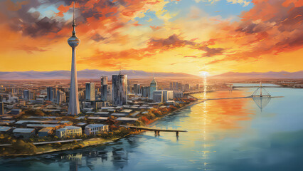 oil painting on canvas, Panorama of Dusseldorf, Germany. - obrazy, fototapety, plakaty