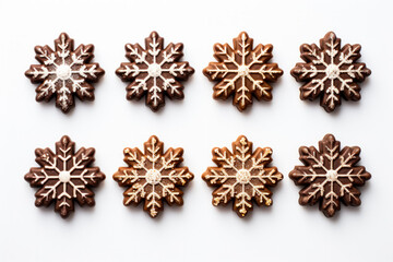 Fototapeta premium Festively detailed handcrafted chocolate snowflakes with glitter accents isolated on a white background 