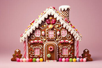 Detailed chocolate gingerbread house with candy adornments isolated on a gradient background 