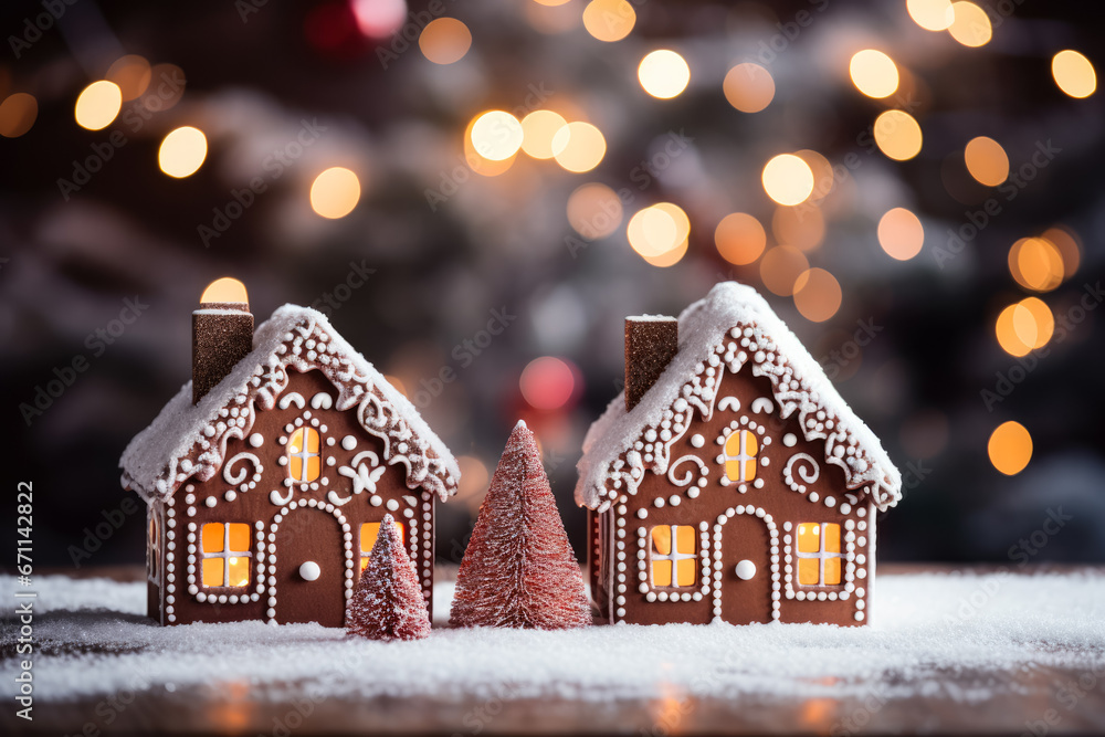 Poster chocolate gingerbread houses adorned with candy christmas setting background with empty space for te
