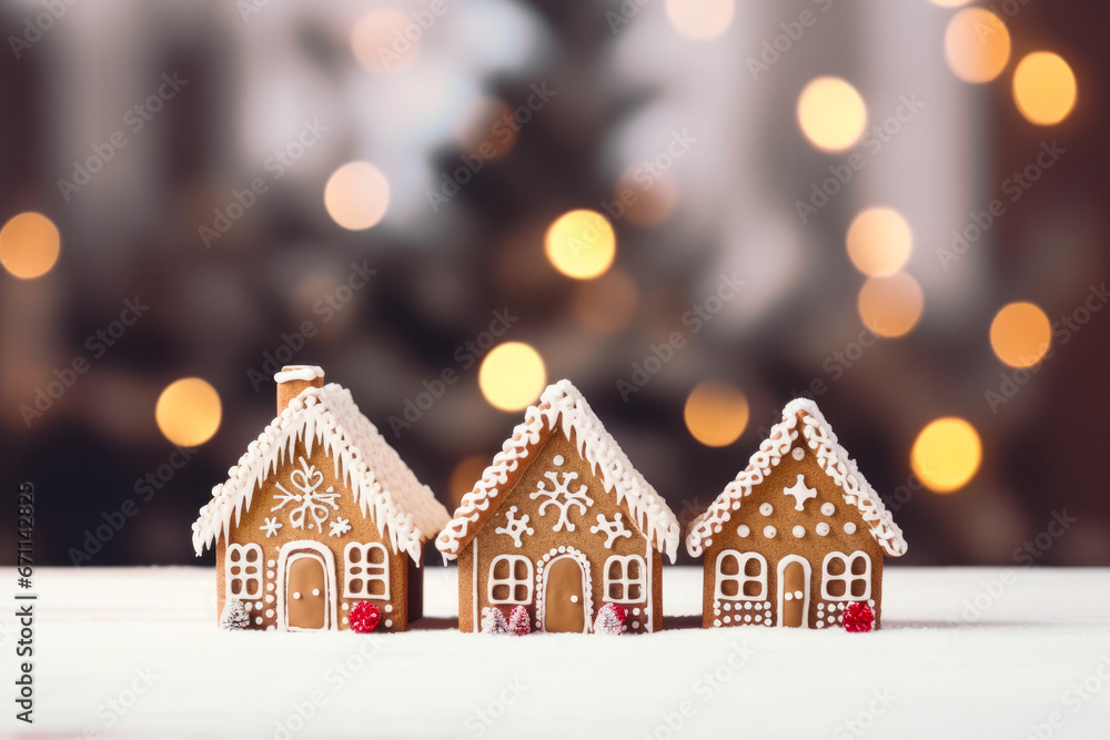 Poster chocolate gingerbread houses adorned with candy christmas setting background with empty space for te