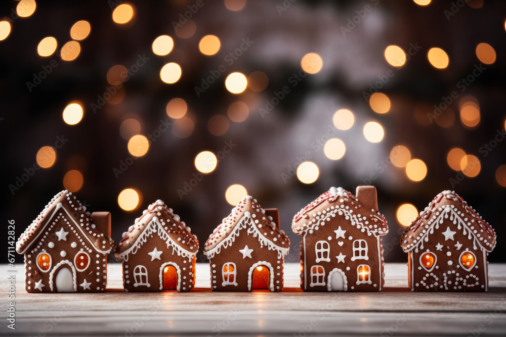 Poster chocolate gingerbread houses adorned with candy christmas setting background with empty space for te