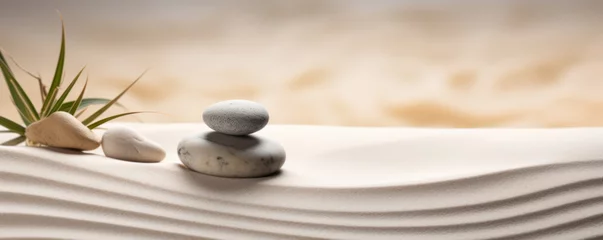 Crédence de cuisine en verre imprimé Pierres dans le sable Stacked zen stones sand background art of balance concept