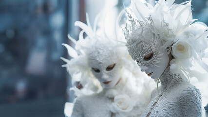 People in Venetian costumes, snow queen inspired Venetian outfits with embroidery lace mask with tiny crystals.