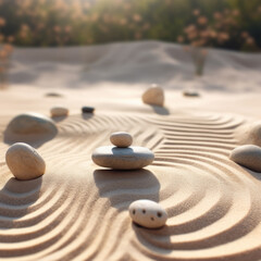 Fototapeta na wymiar Stacked zen stones sand background art of balance concept