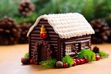 Building a chocolate log cabin adorned with festive edibles background with empty space for text 