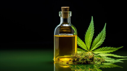 Cannabis oil and Marijuana plant on a dark background