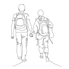 Couple with backpacks holding hands and walking away. Tourism concept. Back view. Single line drawing. Black and white vector illustration in line art style.