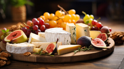 Cheese plate served with grapes, jam, figs, crackers and nuts on a wooden background