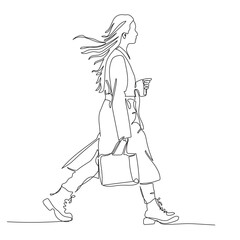 Woman with shopping bag walking. Wearing warm coat and shoes. Side view. Single line drawing. Black and white vector sketch in line art style.