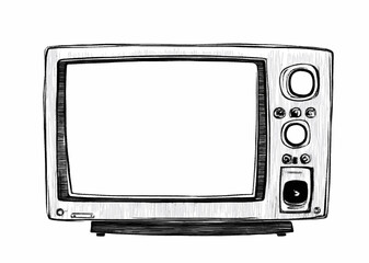 Ink sketch drawing illustration of a classic, old retro vintage TV set (1950s television) captured from the front, with an empty screen. Would look good for an office or study.
