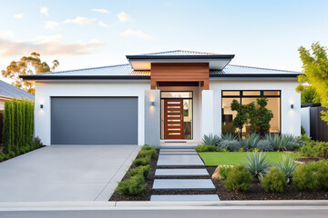 Exterior front facade of new modern Australian style home, residential architecture - obrazy, fototapety, plakaty