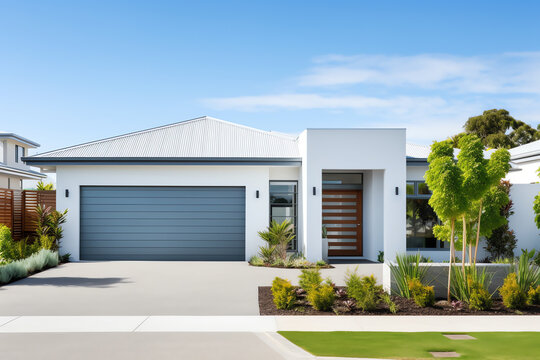 Exterior front facade of new modern Australian style home, residential architecture
