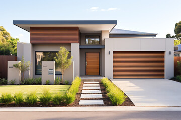 Exterior front facade of new modern Australian style home, residential architecture