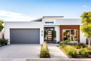 Fototapeta na wymiar Exterior front facade of new modern Australian style home, residential architecture