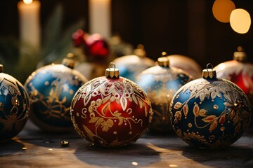 a close-up on hand-painted Christmas baubles with intricate patterns, sparkling against a blurred background of festive lights