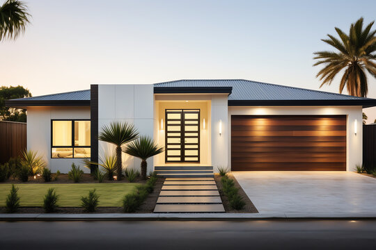 Exterior front facade of new modern Australian style home, residential architecture
