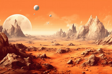Majestic alien landscape under an orange sky. Distant planets rise over rugged terrains and vast deserts.