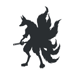 Isolated silhouette fox warrior. Black kitsune template. Mystic kumiho drawing. Fantasy hero with sword. Japanese anime character
