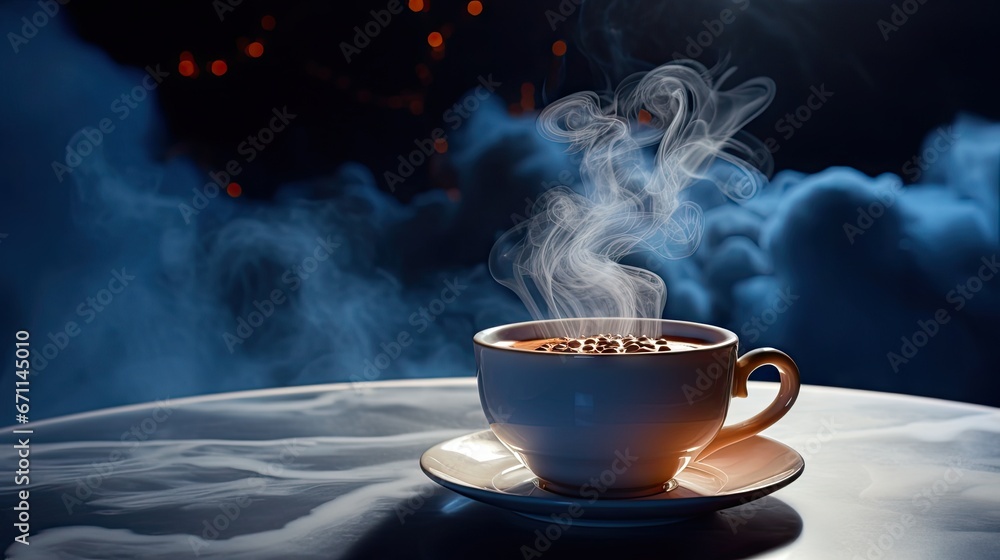 Poster a steaming cup of coffee sits on a saucer on a saucer on a table in front of a background of clouds 