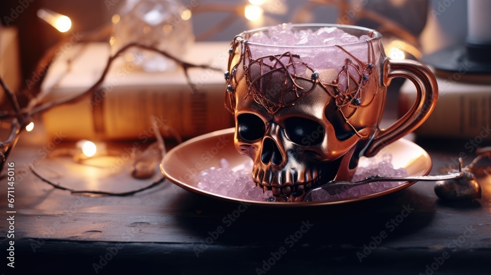 Aufkleber a cup with a skull inside of it on a saucer with a spoon in front of a table with candles and a lite