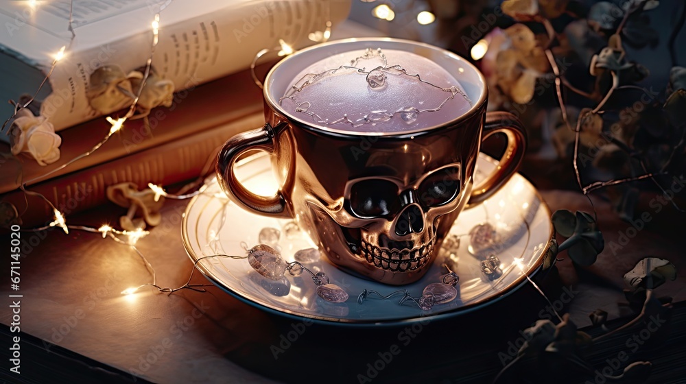Poster a tea cup with a skull on it sitting on top of a table next to a book and some flowers and a string 