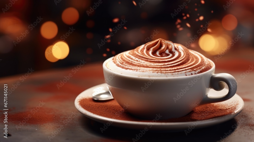 Poster  a cappuccino on a saucer on a saucer on a saucer on a saucer on a saucer on a table with lights in the background.  generative ai