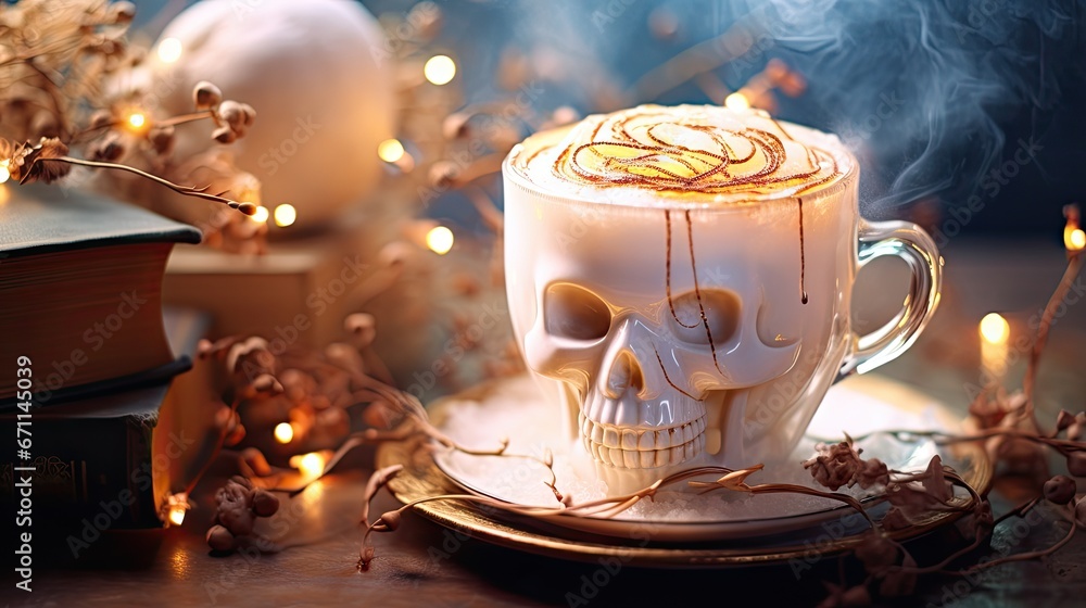 Poster a cup of hot chocolate with a skull on top of it next to a stack of books and a lite - up candle on 