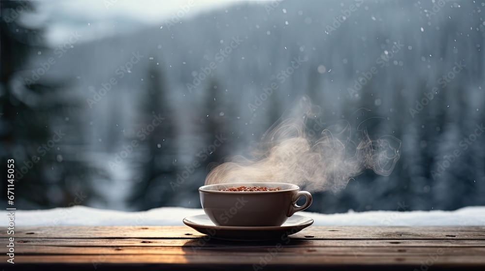 Poster a cup of coffee sitting on top of a wooden table in front of a snow covered forest filled with lots 