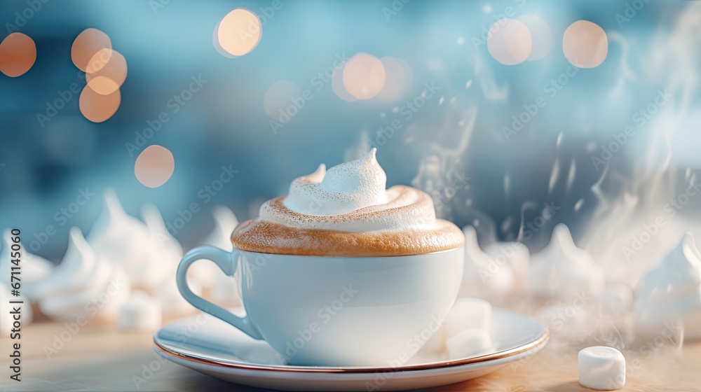 Poster a cup of cappuccino on a saucer with marshmallows on a table in front of a blurry background of boke