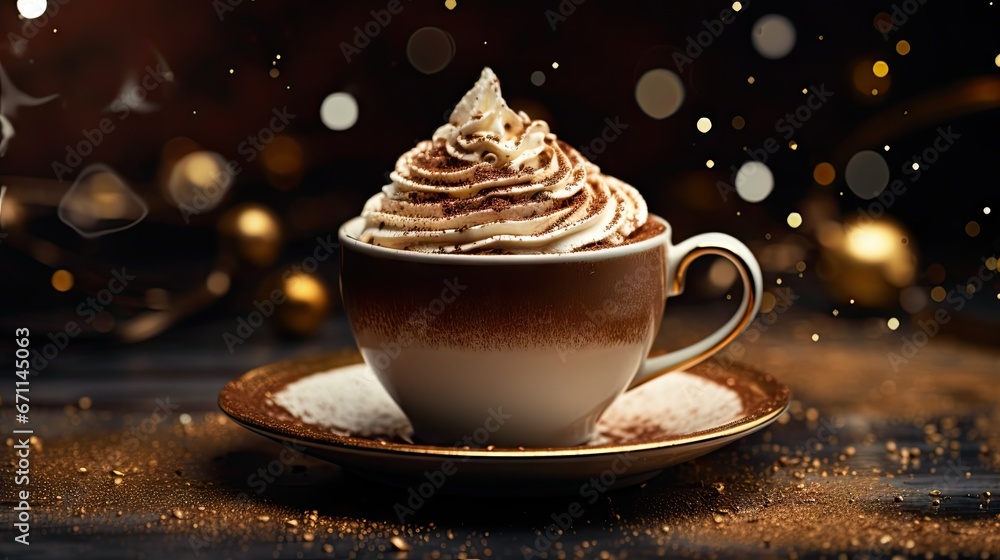 Poster a close up of a cup of coffee on a saucer with a saucer in the foreground and a blurry background of