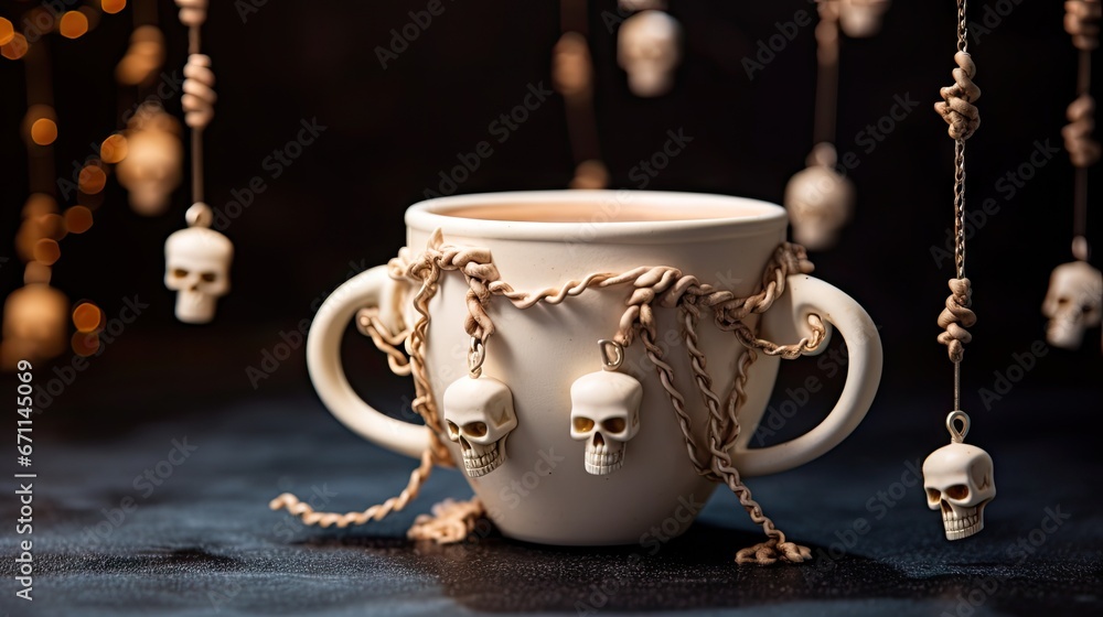Aufkleber a white coffee cup with chains hanging from it's sides and skulls hanging from it's sides on a black