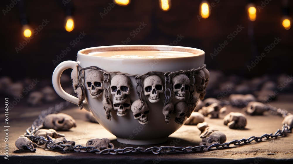 Poster a cup of coffee with a chain around it with skulls on the inside of the cup and in the middle of the