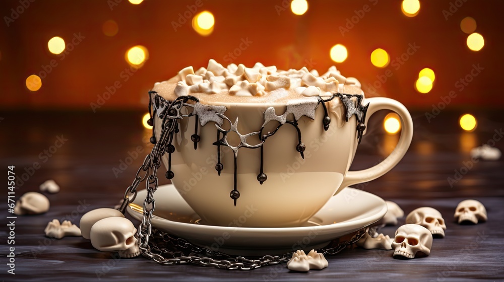 Aufkleber a cup of hot chocolate with whipped cream and chocolate drizzles on a saucer with a chain around it 