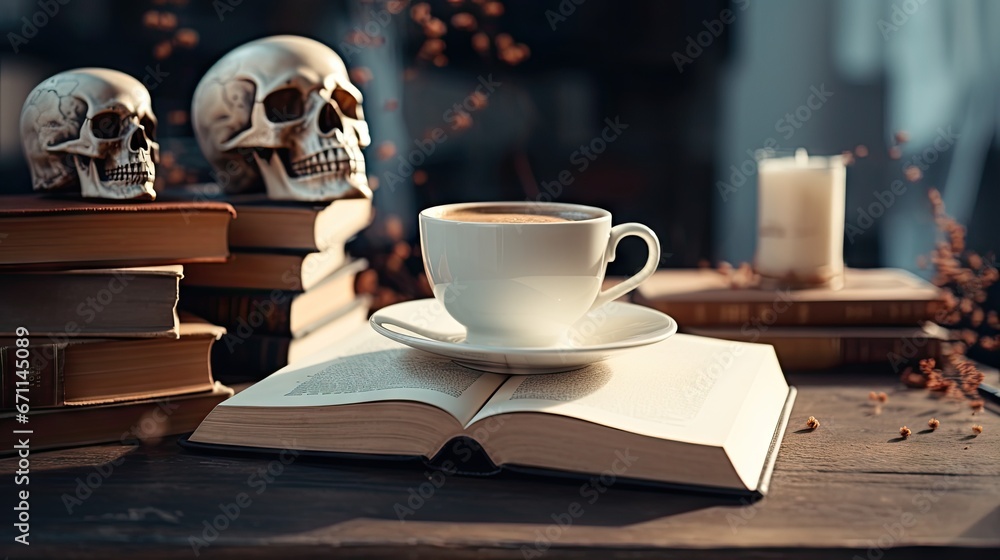 Poster a cup of coffee sitting on top of a table next to a stack of books with skulls sitting on top of the