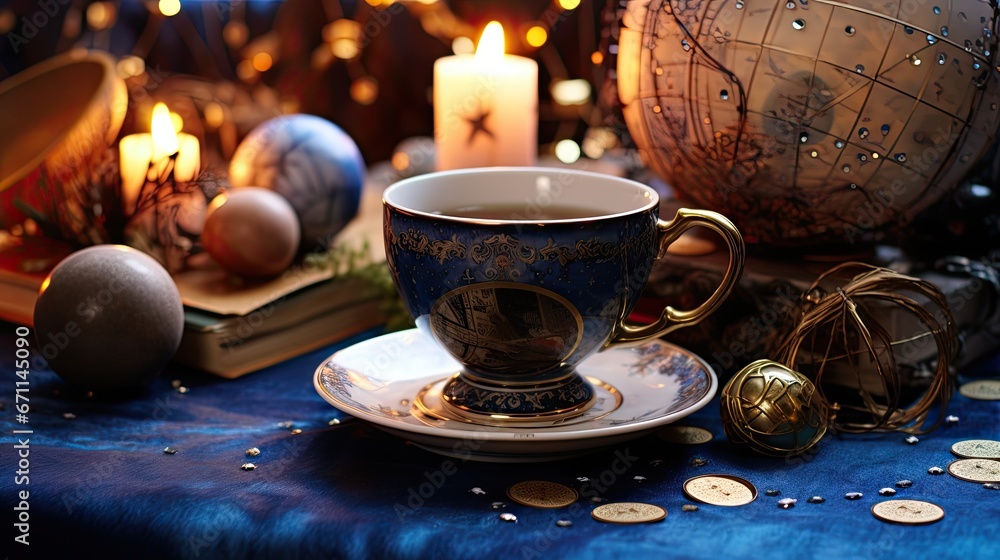 Poster a coffee cup sitting on top of a saucer on top of a table next to a pile of coins and a globe with a